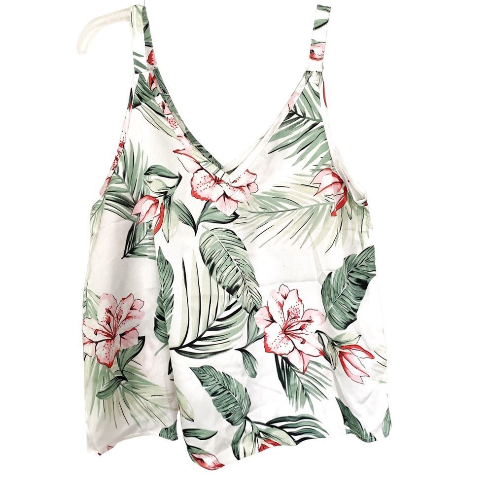 Shein White Silk-Like Tropical Print V Neck Sleeveless Tank Top Size M